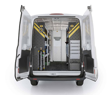 Rear view of van with doors open displaying shelving